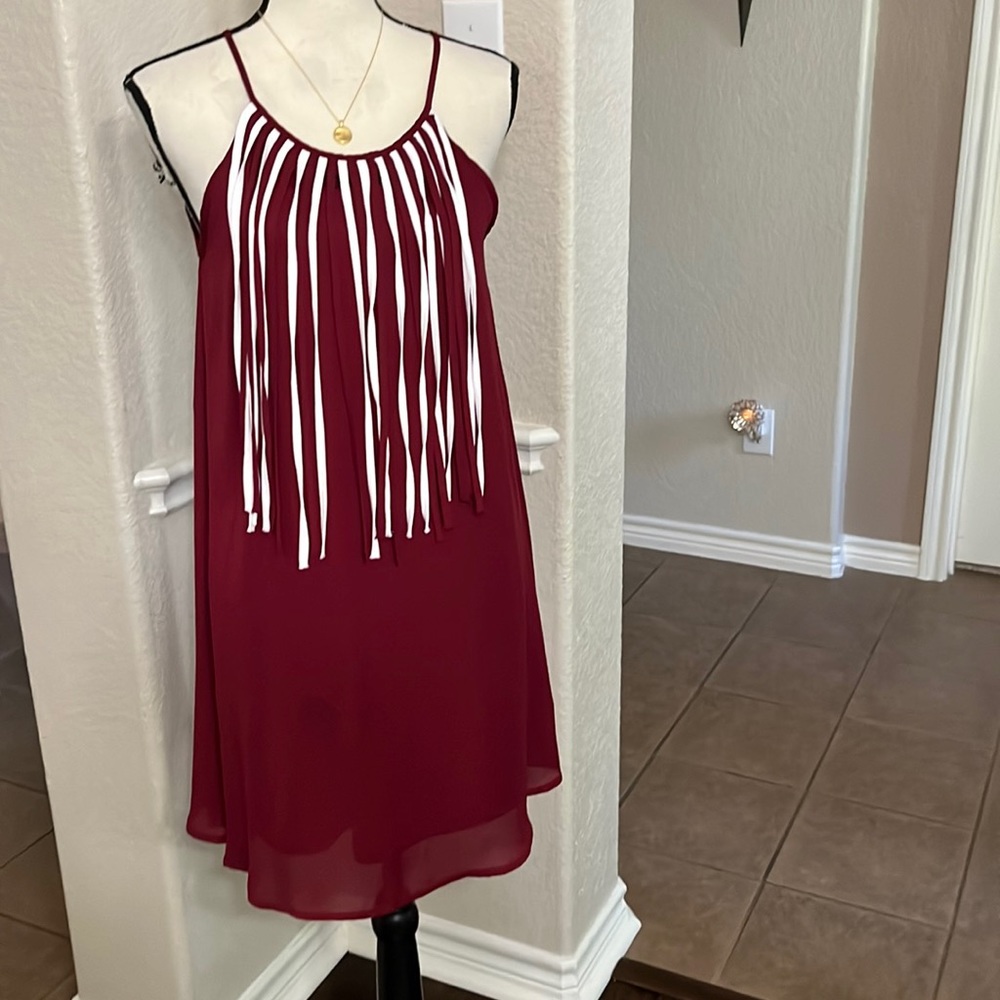 Fascination maroon burgundy fringe sheer sundress mini dress size S